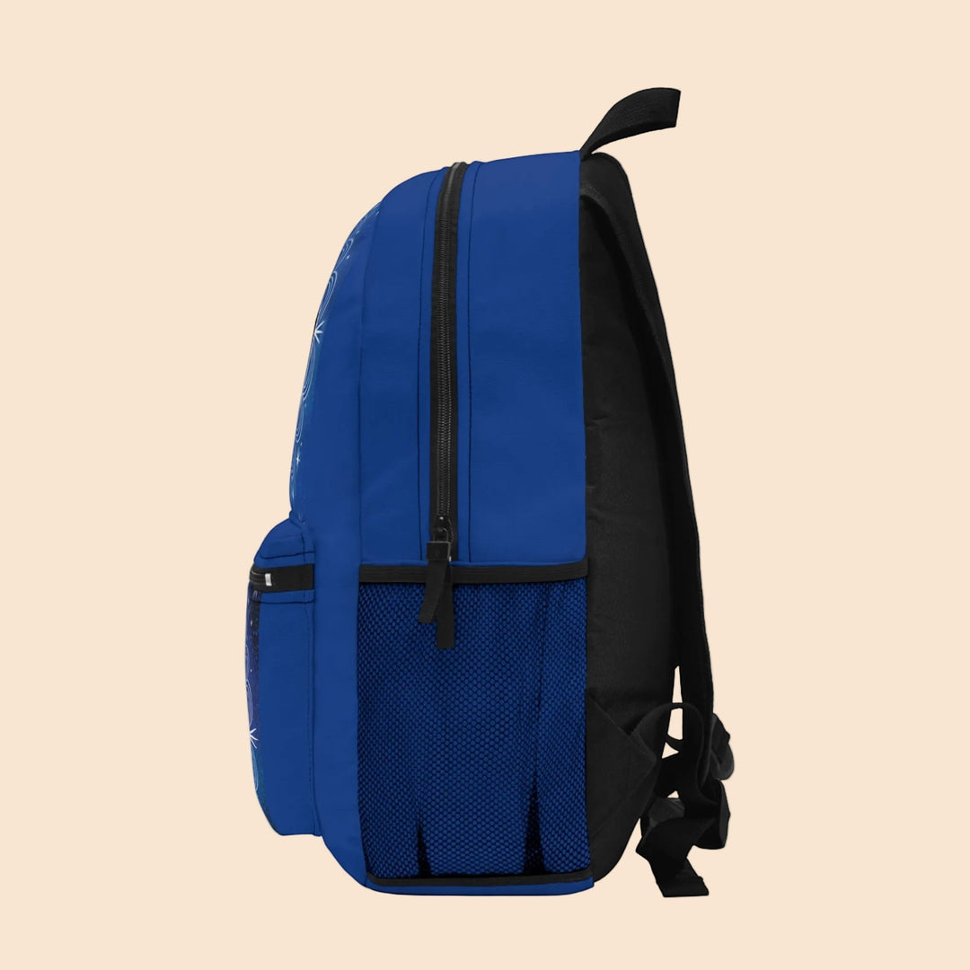 Sea Dragon Dreams blue polyester backpack with side mesh pocket and durable zipper, side profile view.