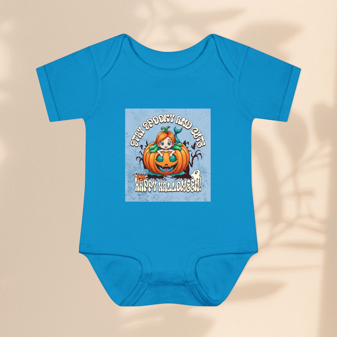 Sea Dragon Dreams blue infant bodysuit featuring a Stay Spooky and Cute pumpkin graphic for Halloween.