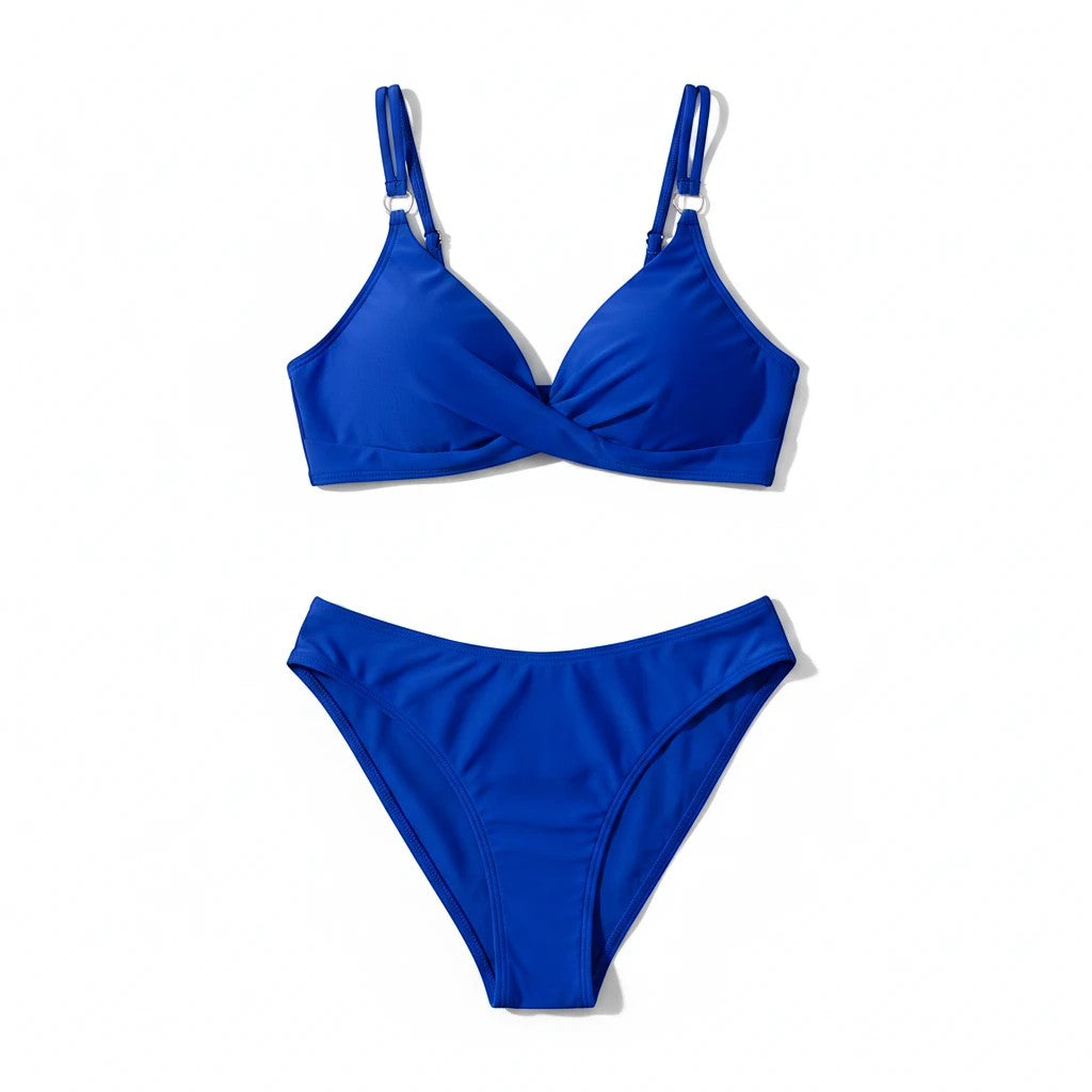 Sea Dragon Dreams royal blue two-piece bikini set with a supportive push-up crop top and matching bikini bottoms.