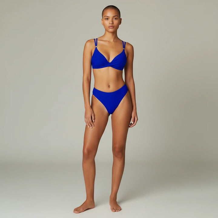 Sea Dragon Dreams royal blue two-piece bikini set with a supportive push-up crop top and high-cut bottoms