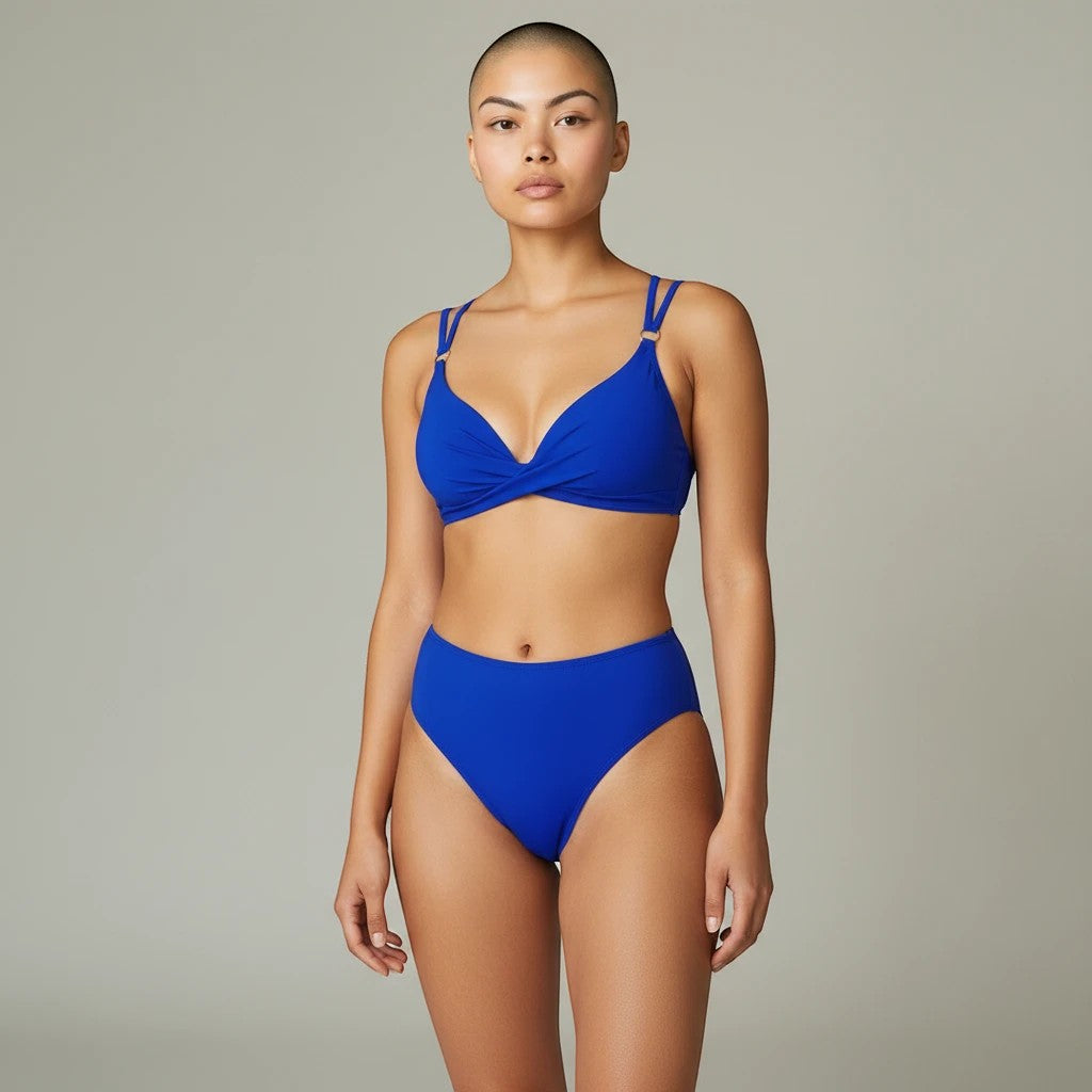 Sea Dragon Dreams royal blue two-piece bikini set with a supportive push-up crop top and high-waisted bottoms.
