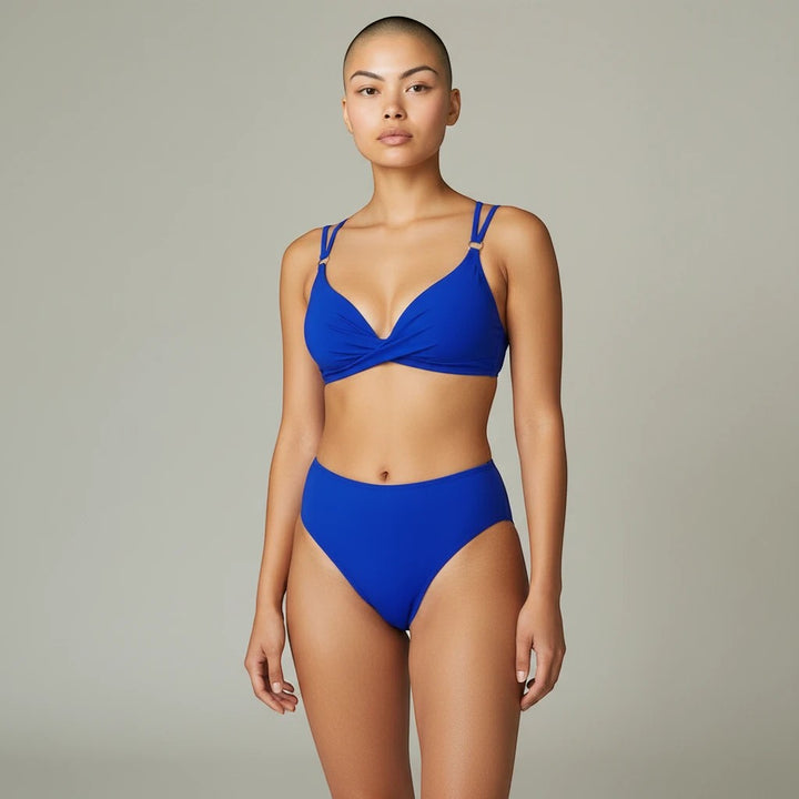 Sea Dragon Dreams royal blue two-piece bikini set with a supportive push-up crop top and high-waisted bottoms.