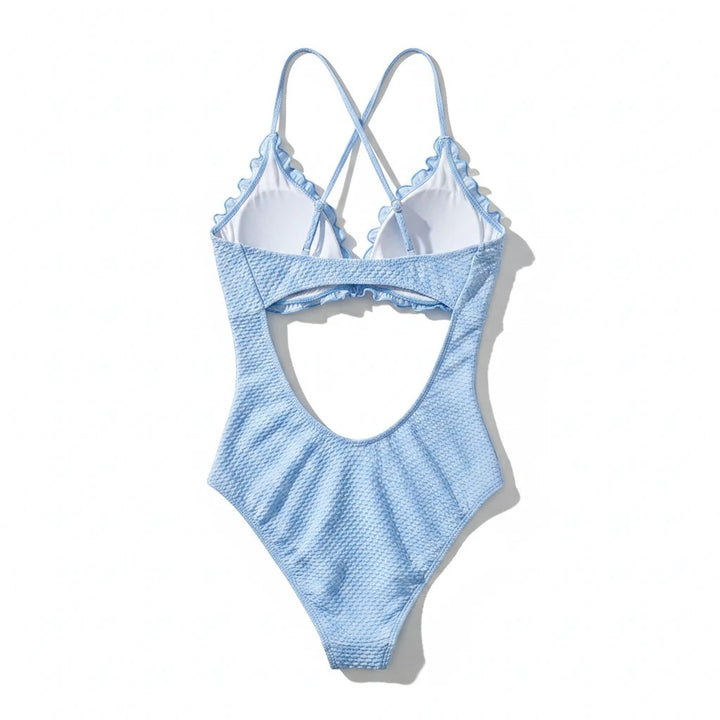 Sea Dragon Dreams light blue textured bikini with ruffle trim, lace-up back, and push-up top, back view.