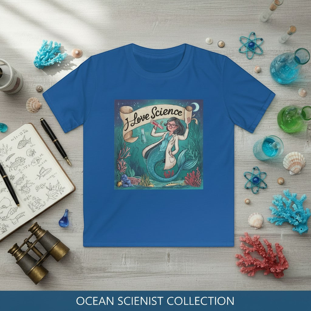 Sea Dragon Dreams blue cotton kids t-shirt featuring a mermaid scientist illustration with I Love Science text.
