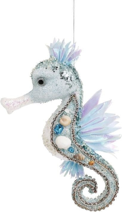 Sea Dragon Dreams Mark Roberts blue seahorse ornament with glitter, sequins, beads, gems, and iridescent fabric fins.