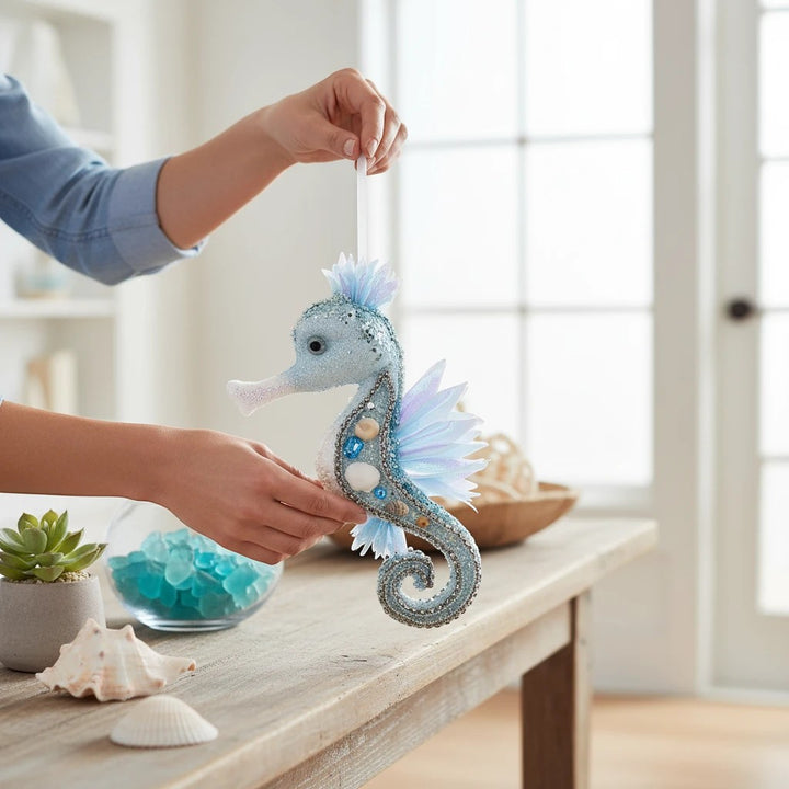 Sea Dragon Dreams Mark Roberts blue seahorse ornament decorated with glitter, sequins, beads, and shells on a table.