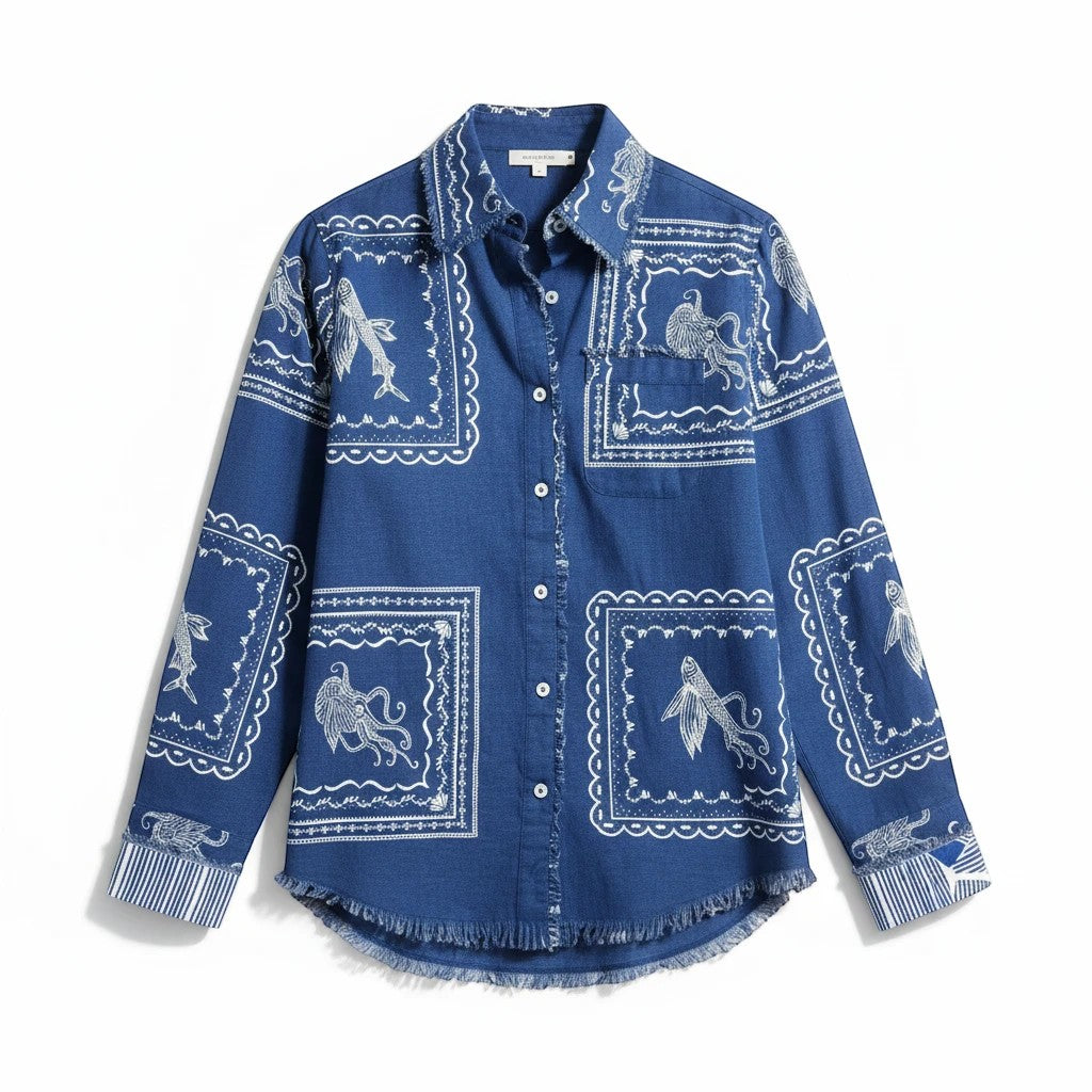 Sea Dragon Dreams blue button-down blouse with white nautical sealife print, frayed hem, and chest pocket.