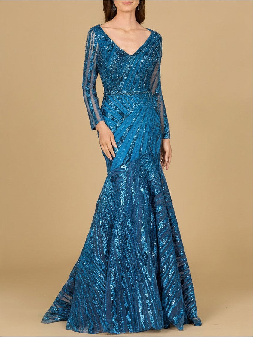 Sea Dragon Dreams long sleeve blue mermaid gown with v-neckline, intricate sequin lace detailing, and fitted silhouette