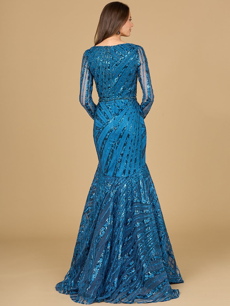 Sea Dragon Dreams blue sequin mermaid gown with long sleeves and a fitted silhouette, shown from the back view.