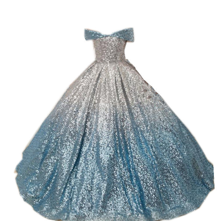 Sea Dragon Dreams girls' blue and silver sequin princess dress with an off-shoulder neckline and full ballgown skirt.