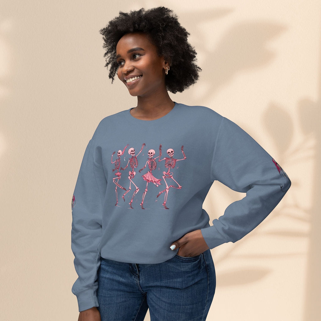 Sea Dragon Dreams unisex blue crewneck sweatshirt featuring a fun dancing skeletons graphic on soft cotton fabric.