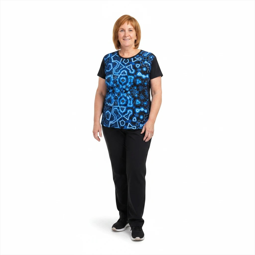 Sea Dragon Dreams women's sports jersey featuring a blue geometric pattern on moisture-wicking polyester fabric.