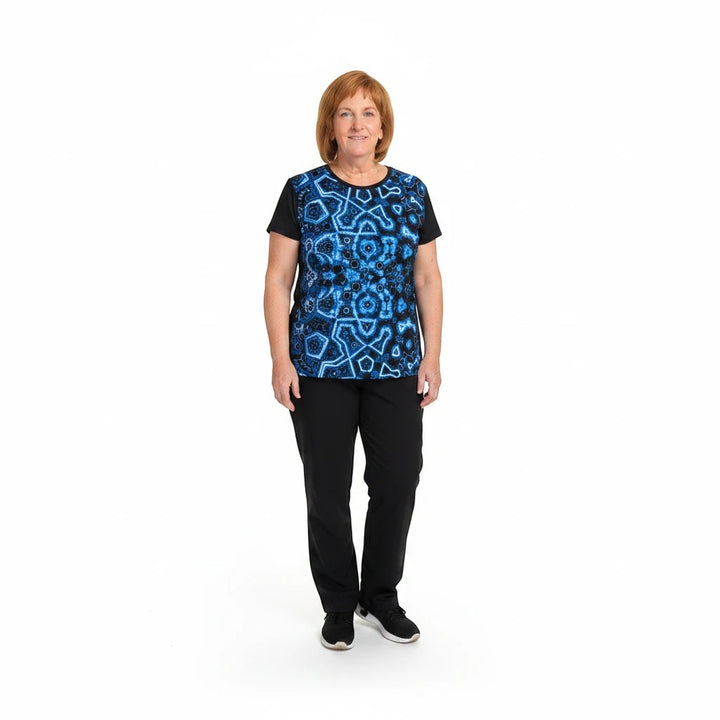Sea Dragon Dreams women's sports jersey featuring a blue geometric pattern on moisture-wicking polyester fabric.