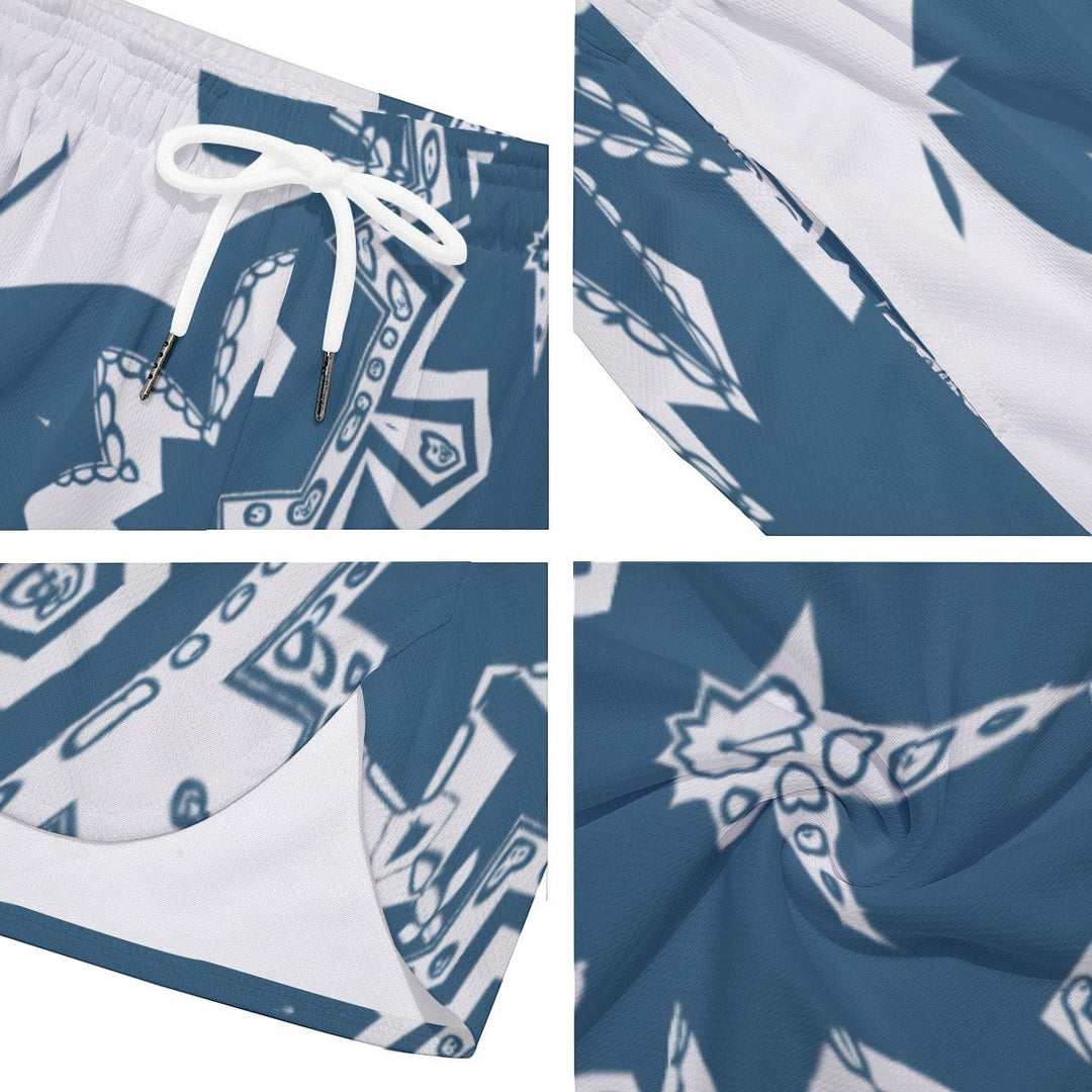 Sea Dragon Dreams blue and white patterned men's sports shorts featuring a side split design and drawstring waist.