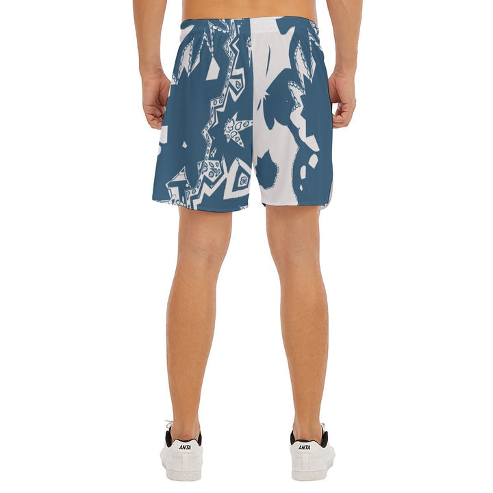 Sea Dragon Dreams men's blue and white sports shorts with side split design, made from lightweight breathable polyester.