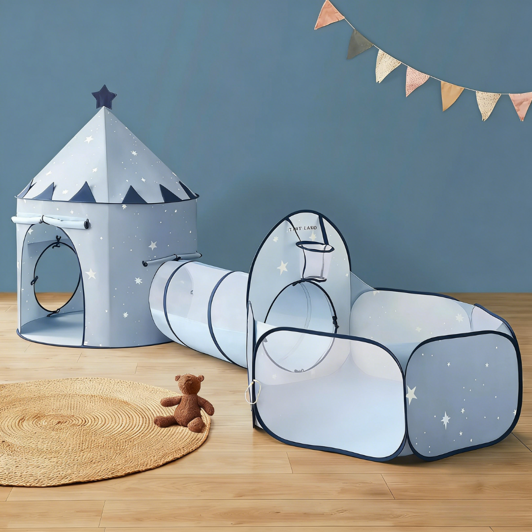 Sea Dragon Dreams 3-in-1 play tunnel set in light blue with star patterns, featuring a tent, tunnel, and ball pit.