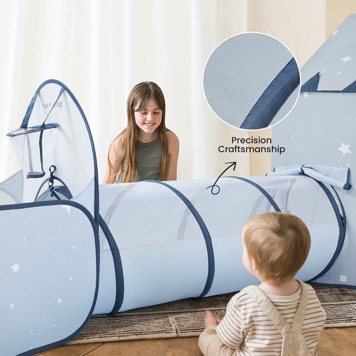Sea Dragon Dreams Tiny Land 3-in-1 blue play tunnel with star pattern, mesh ventilation, and precision craftsmanship.