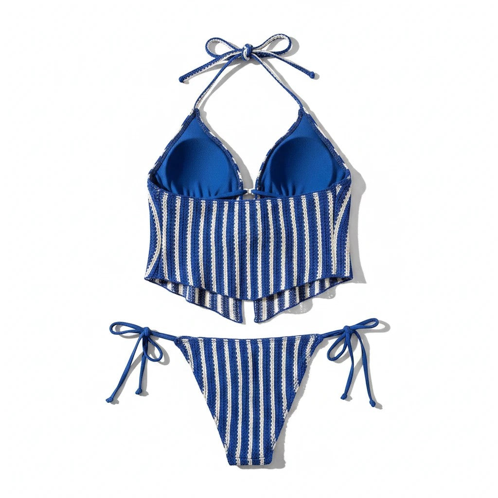 Sea Dragon Dreams blue and white striped bikini set with a halter top and tie-side bottoms in stretch fabric.
