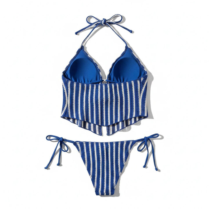 Sea Dragon Dreams blue and white striped bikini set with a halter top and tie-side bottoms in stretch fabric.