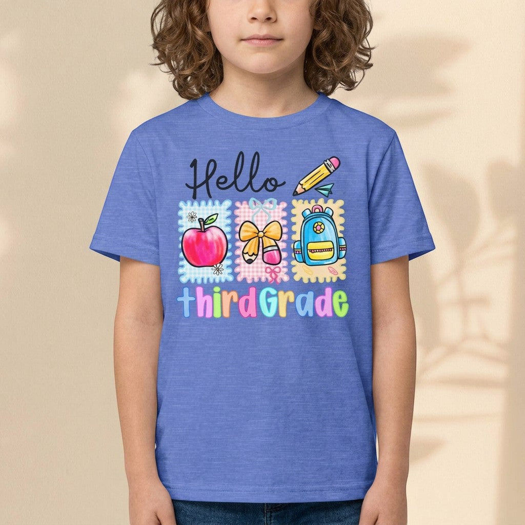 Sea Dragon Dreams blue cotton youth t-shirt with Hello Third Grade school supplies graphic for back to school.
