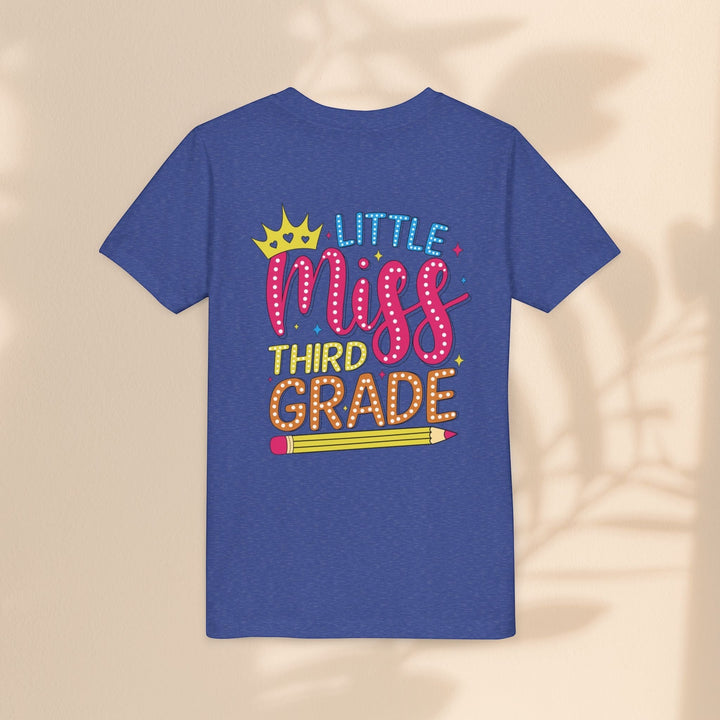 Sea Dragon Dreams blue youth t-shirt with Little Miss Third Grade graphic featuring a crown and pencil design.