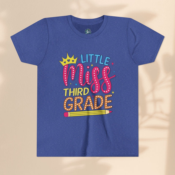 Sea Dragon Dreams blue youth t-shirt with Little Miss Third Grade graphic featuring a crown and pencil design.