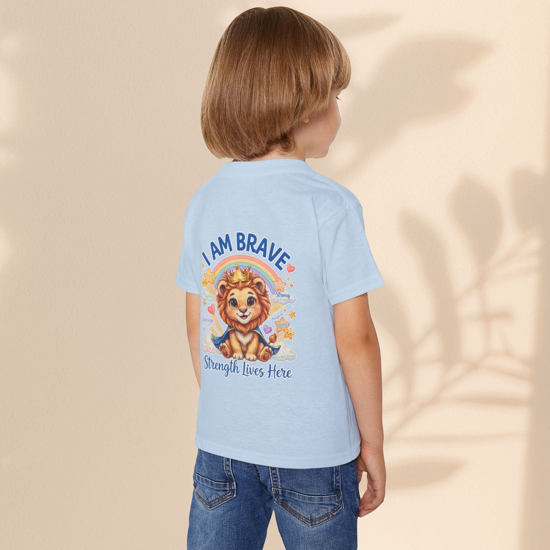 Sea Dragon Dreams toddler t-shirt in light blue cotton featuring a Leo Lion graphic with the text I Am Brave