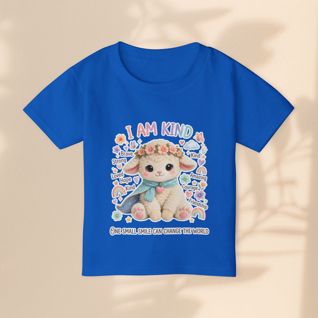Sea Dragon Dreams toddler t-shirt in royal blue featuring a cute Grace Lamb illustration with I Am Kind text.