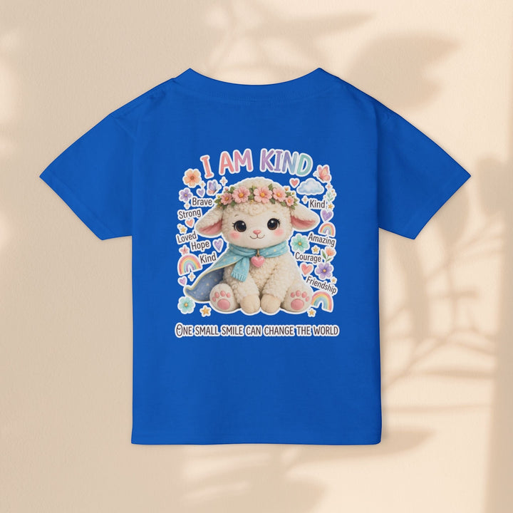 Sea Dragon Dreams toddler t-shirt in blue cotton featuring a cute Grace Lamb graphic with the text I Am Kind.