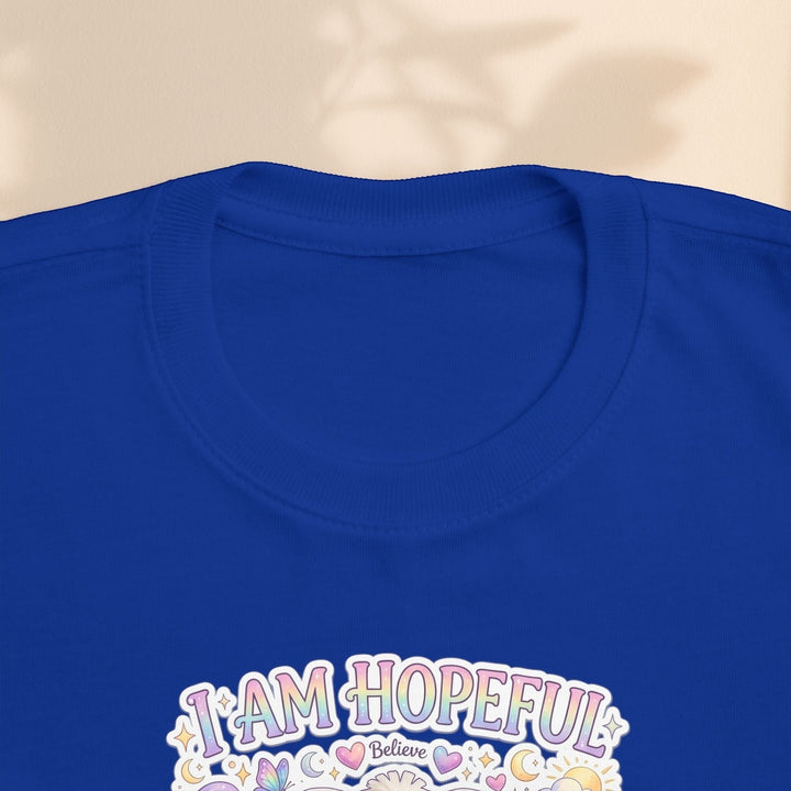 Sea Dragon Dreams toddler tee in royal blue cotton featuring the Hope Bunny I Am Hopeful graphic print