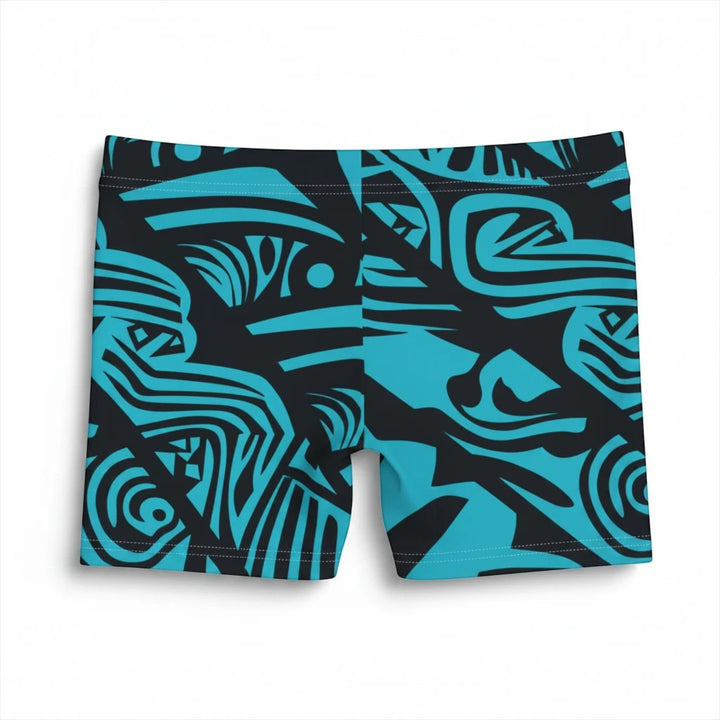 Sea Dragon Dreams women's skinny fit shorts in blue and black with a vibrant tribal pattern and faux suede finish.