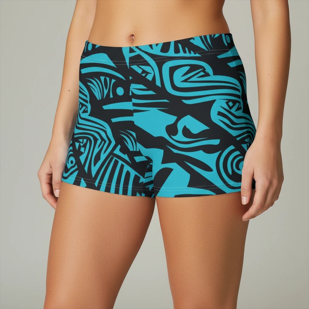 Sea Dragon Dreams women's skinny fit shorts in blue and black tribal print with a soft faux suede finish.