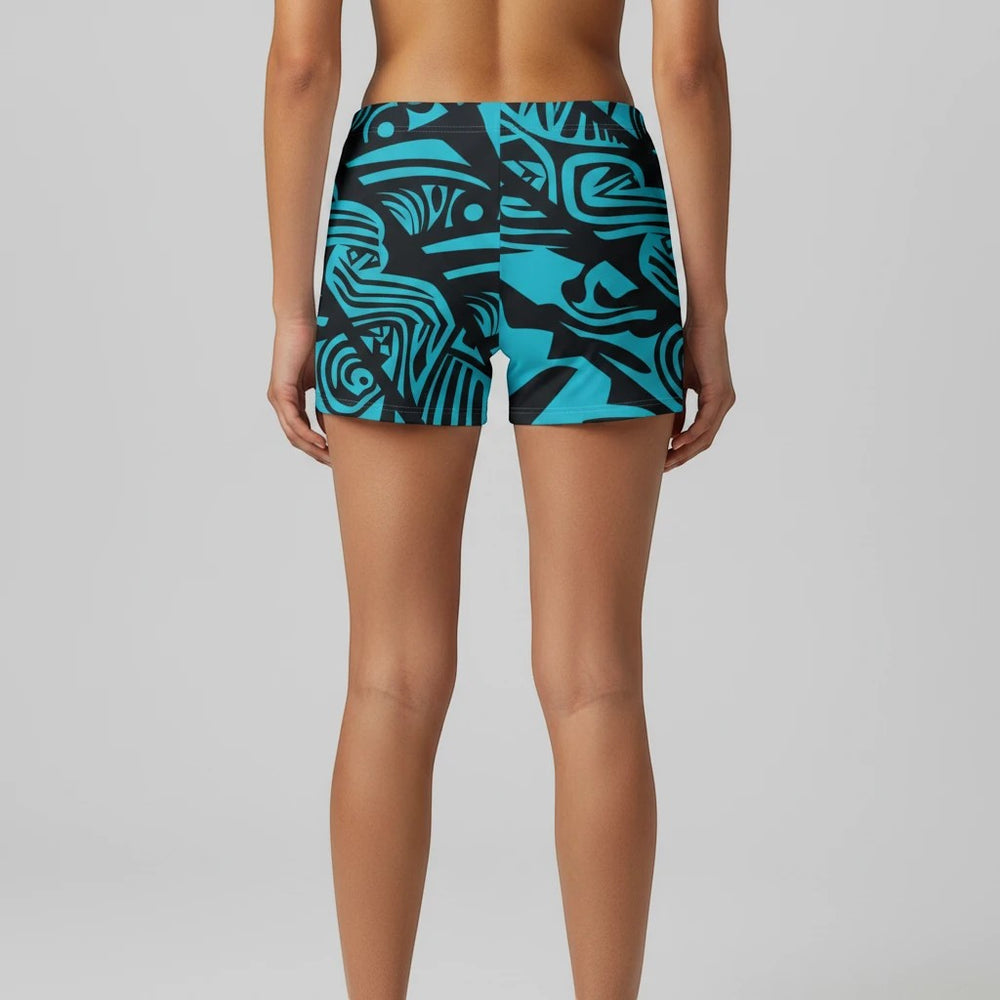 Sea Dragon Dreams women's skinny fit shorts in blue with a vibrant tribal print, made from moisture-wicking fabric.