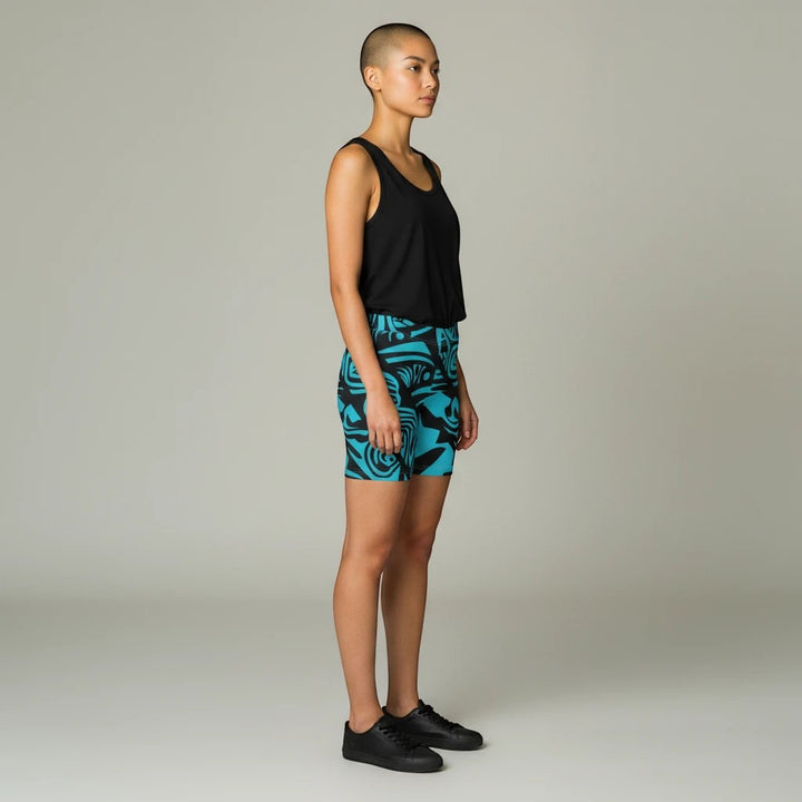 Sea Dragon Dreams women's skinny fit shorts in blue tribal print with moisture-wicking faux suede polyester blend