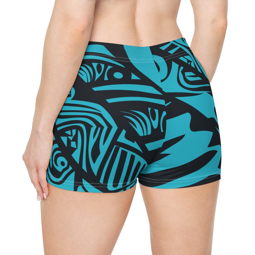Sea Dragon Dreams women's skinny fit shorts in blue with a black tribal pattern, featuring a soft faux suede finish.