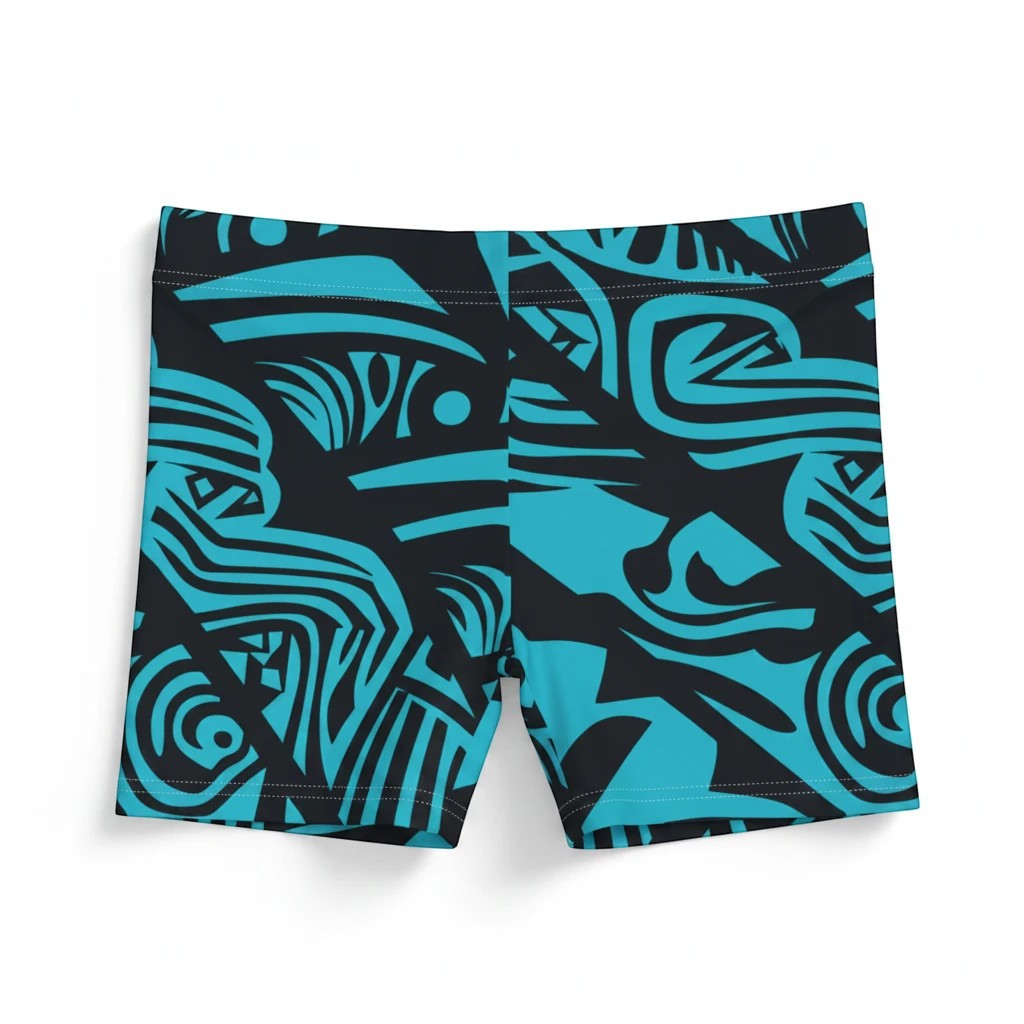 Sea Dragon Dreams women's skinny fit shorts in blue and black tribal print with a soft faux suede finish.