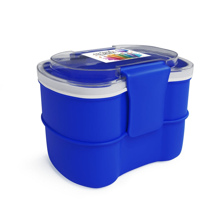 Sea Dragon Dreams blue two-tier bento box with One Loved Teacher design and clear lid on a white background