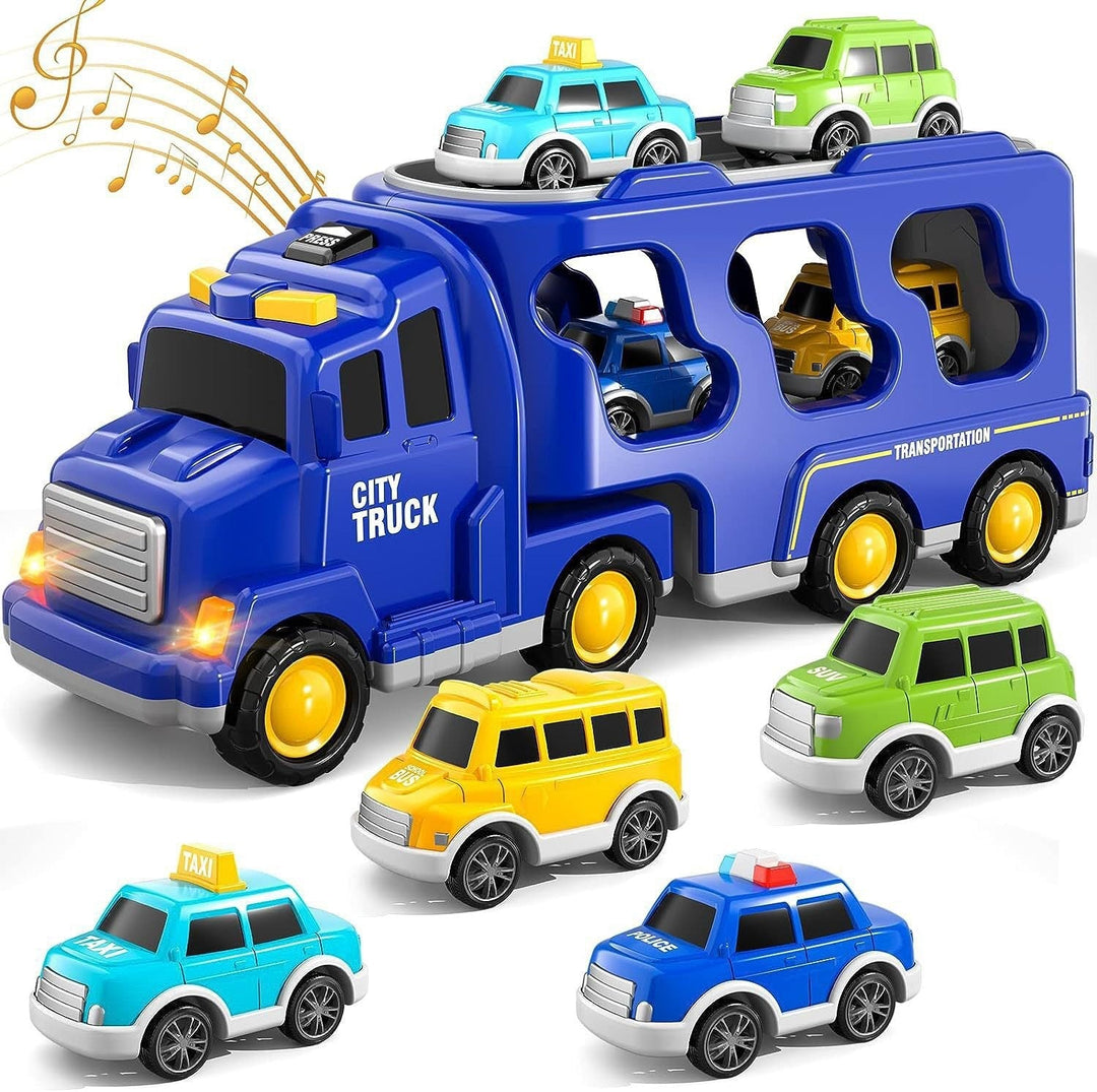 Sea Dragon Dreams blue city vehicle carrier toy set with six mini cars, featuring lights, sounds, and storage.