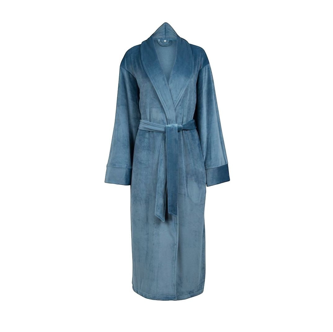 Sea Dragon Dreams plush blue velour robe with a shawl collar, long sleeves, and a matching tie belt for lounging.