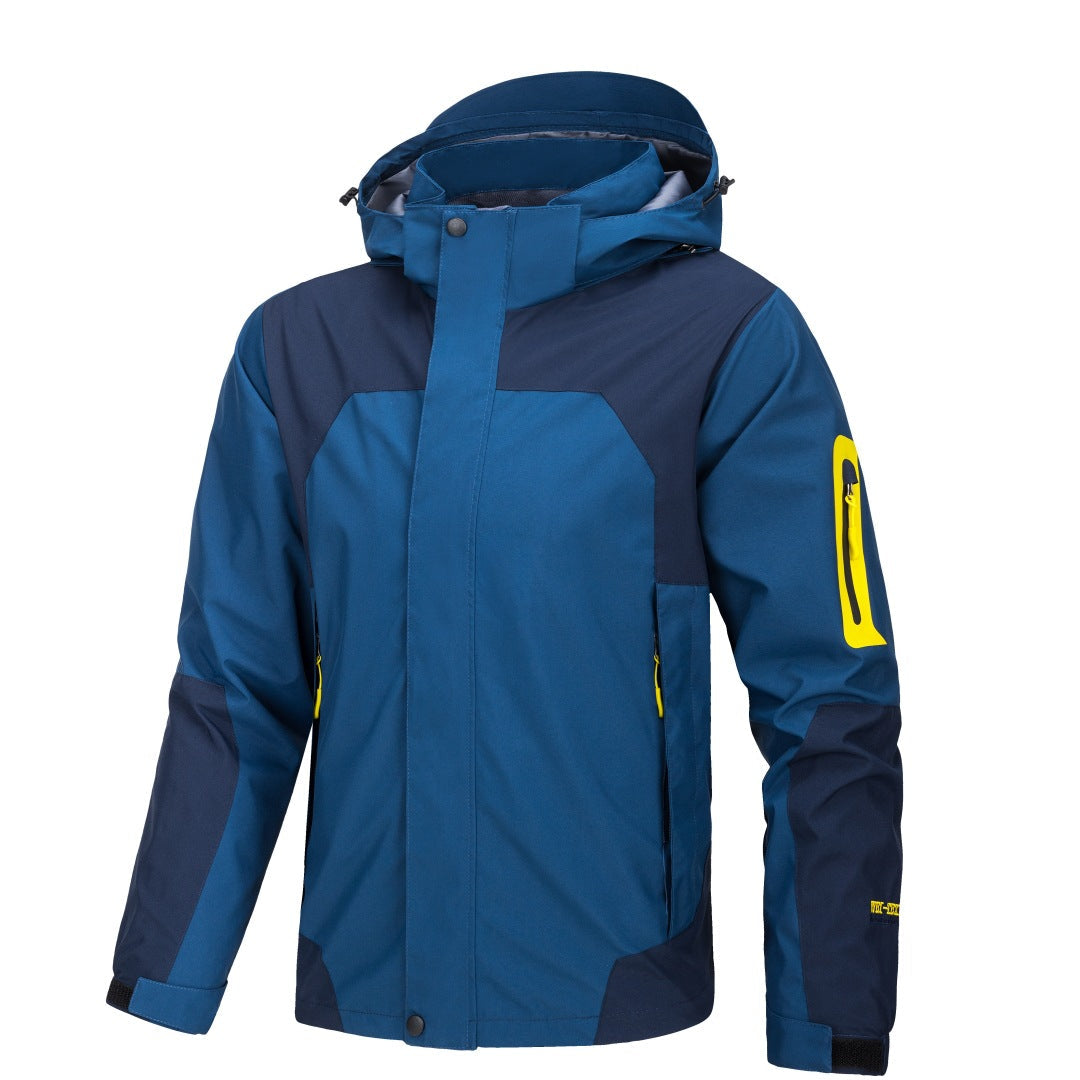 Sea Dragon Dreams men's blue waterproof hooded shell jacket with yellow zipper accents and contrast paneling