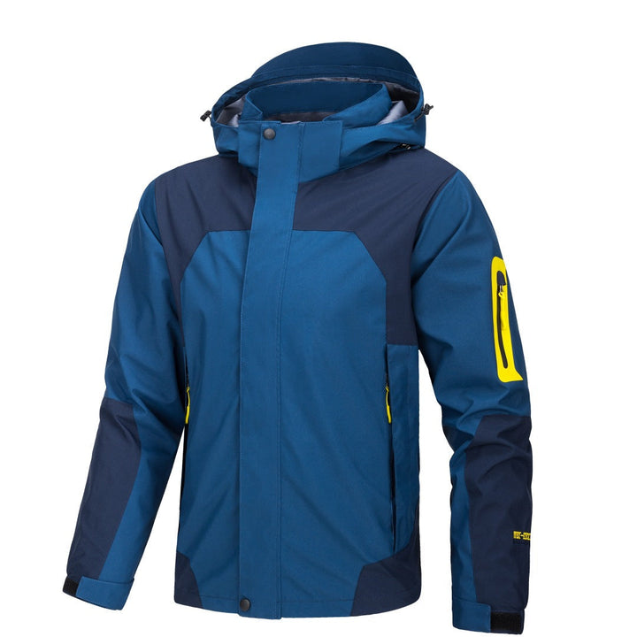 Sea Dragon Dreams men's blue waterproof hooded shell jacket with yellow zipper accents and contrast paneling