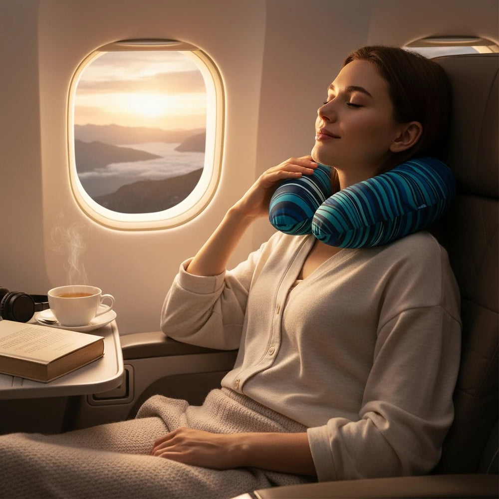 Sea Dragon Dreams nursing pillow cover in blue ocean wave stripes, worn by a woman relaxing on an airplane seat.