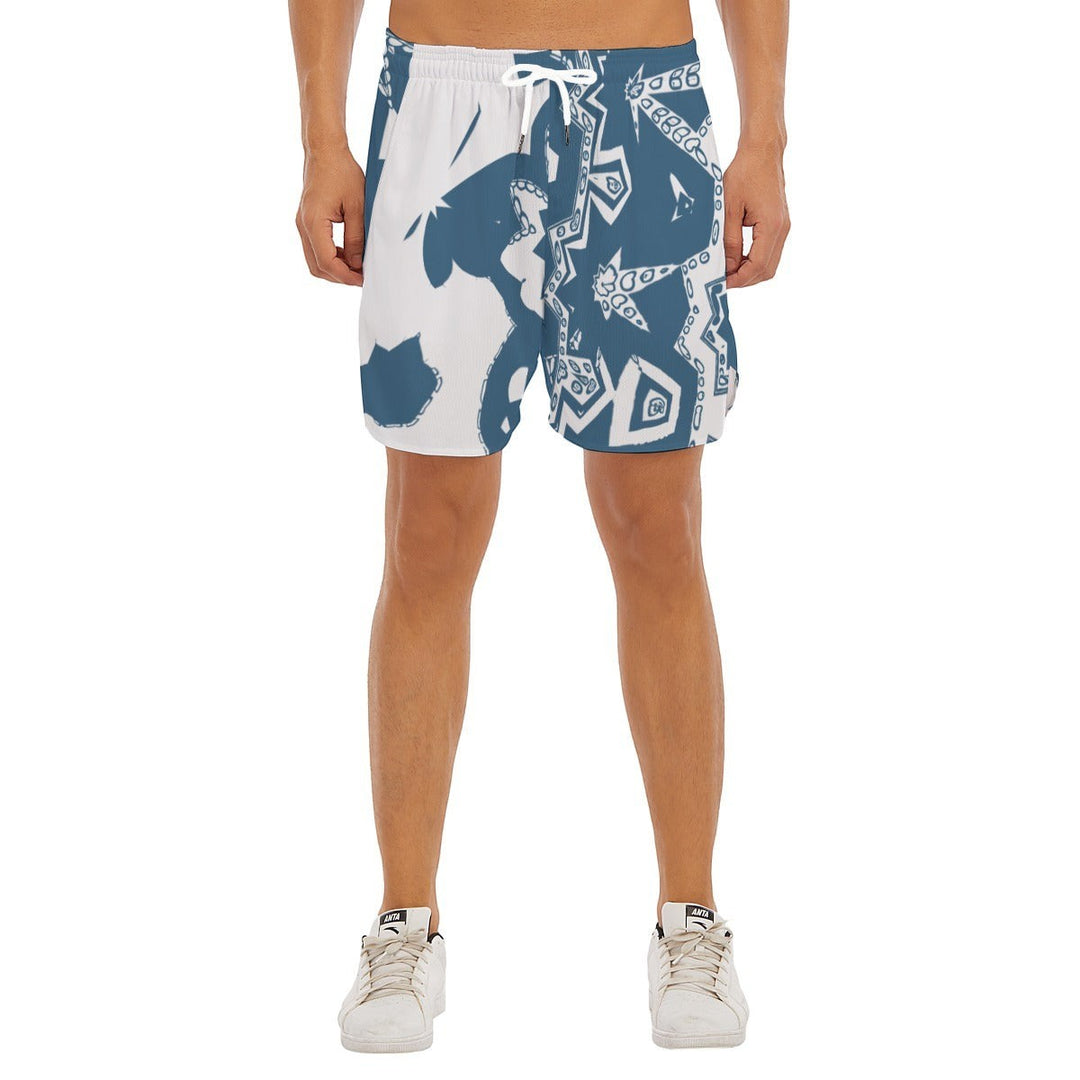 Sea Dragon Dreams men's blue and white polyester sports shorts with side split design for running