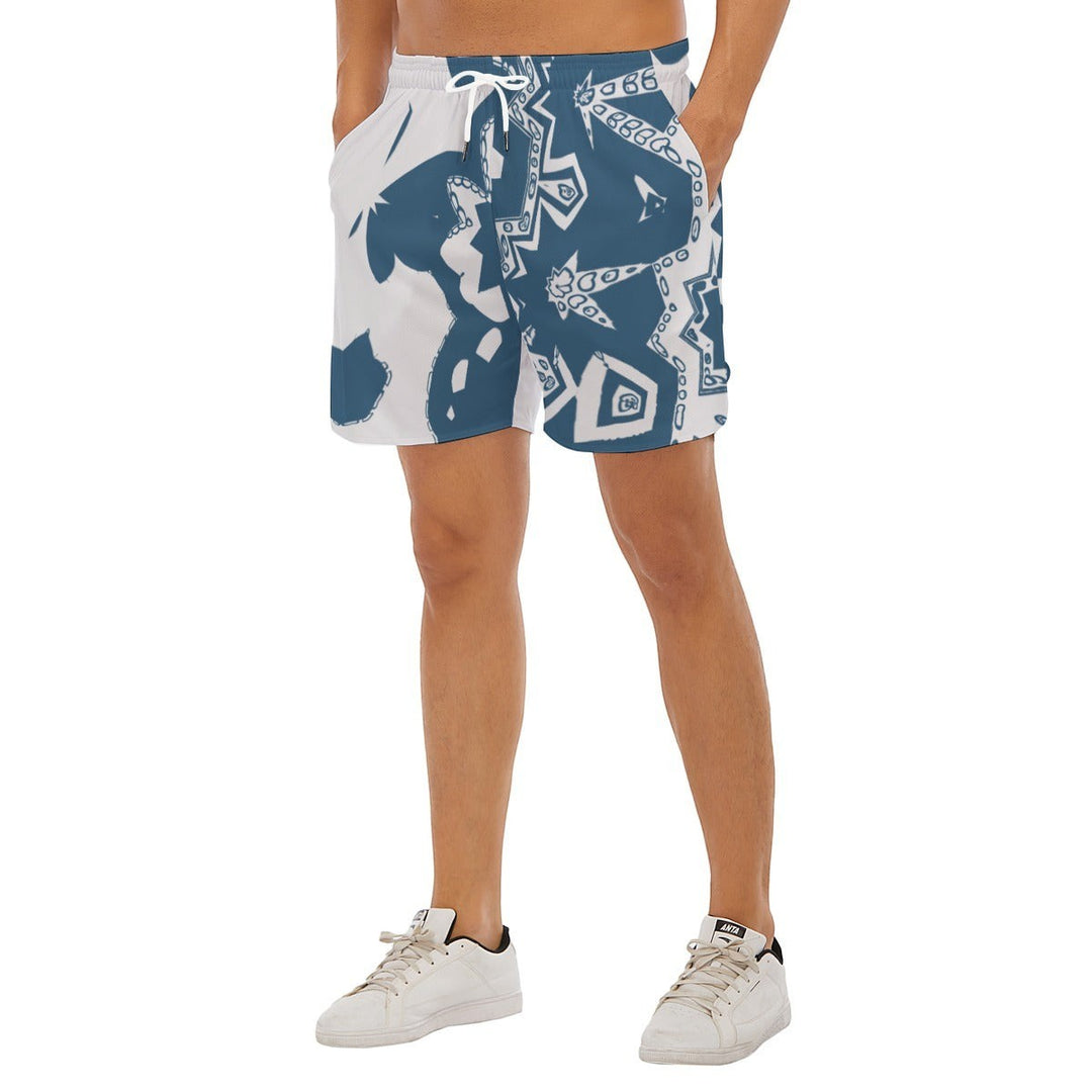 Sea Dragon Dreams men's blue and white polyester sports shorts with a side split design for running