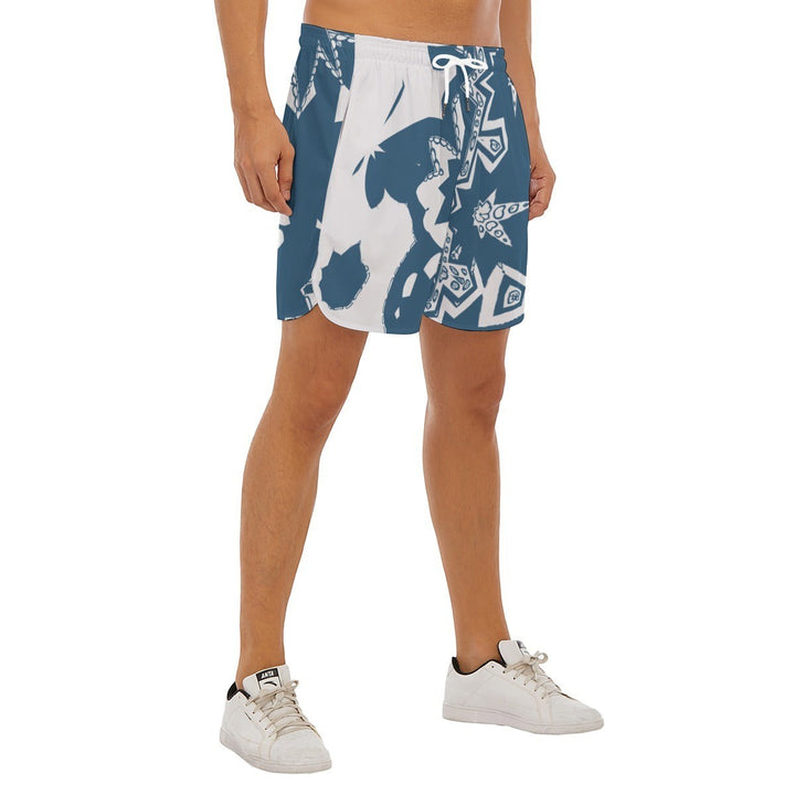Sea Dragon Dreams men's blue and white polyester sports shorts with a side split design for running