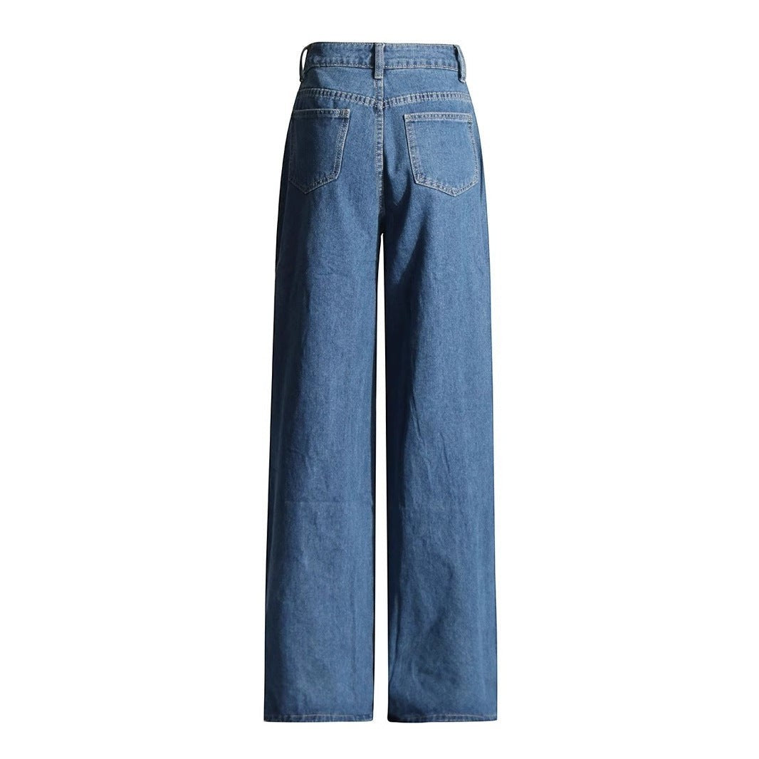 Sea Dragon Dreams blue denim wide-leg jeans with a high-waisted fit, shown from the back view.
