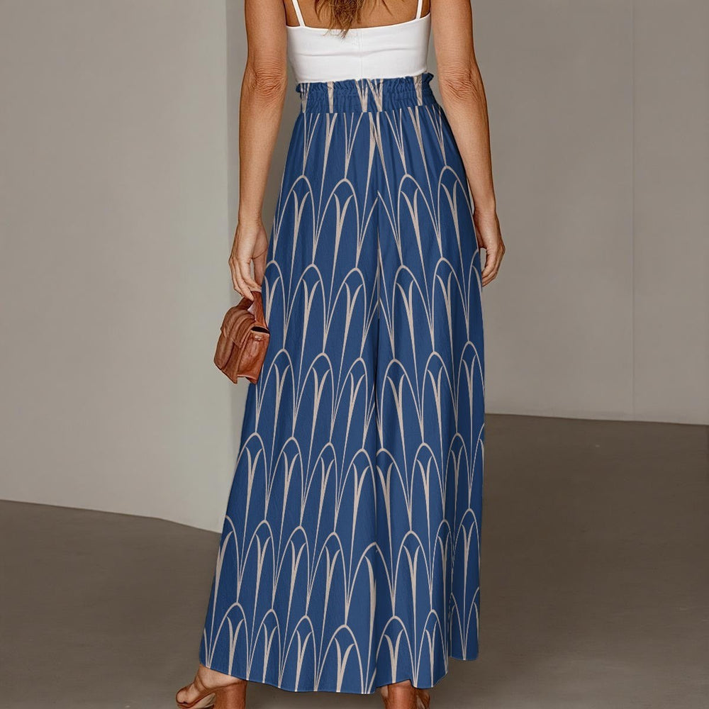 Sea Dragon Dreams blue wide-leg pants with a white geometric arch pattern, featuring an elasticated drawstring waist.