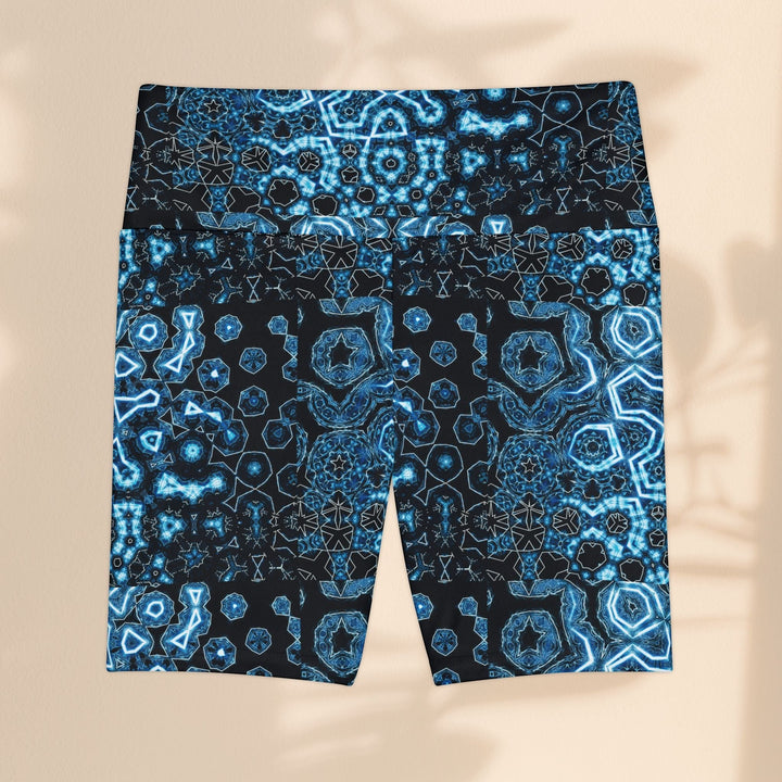 Sea Dragon Dreams Shifting Blues workout shorts in polyester with a geometric blue and black pattern.