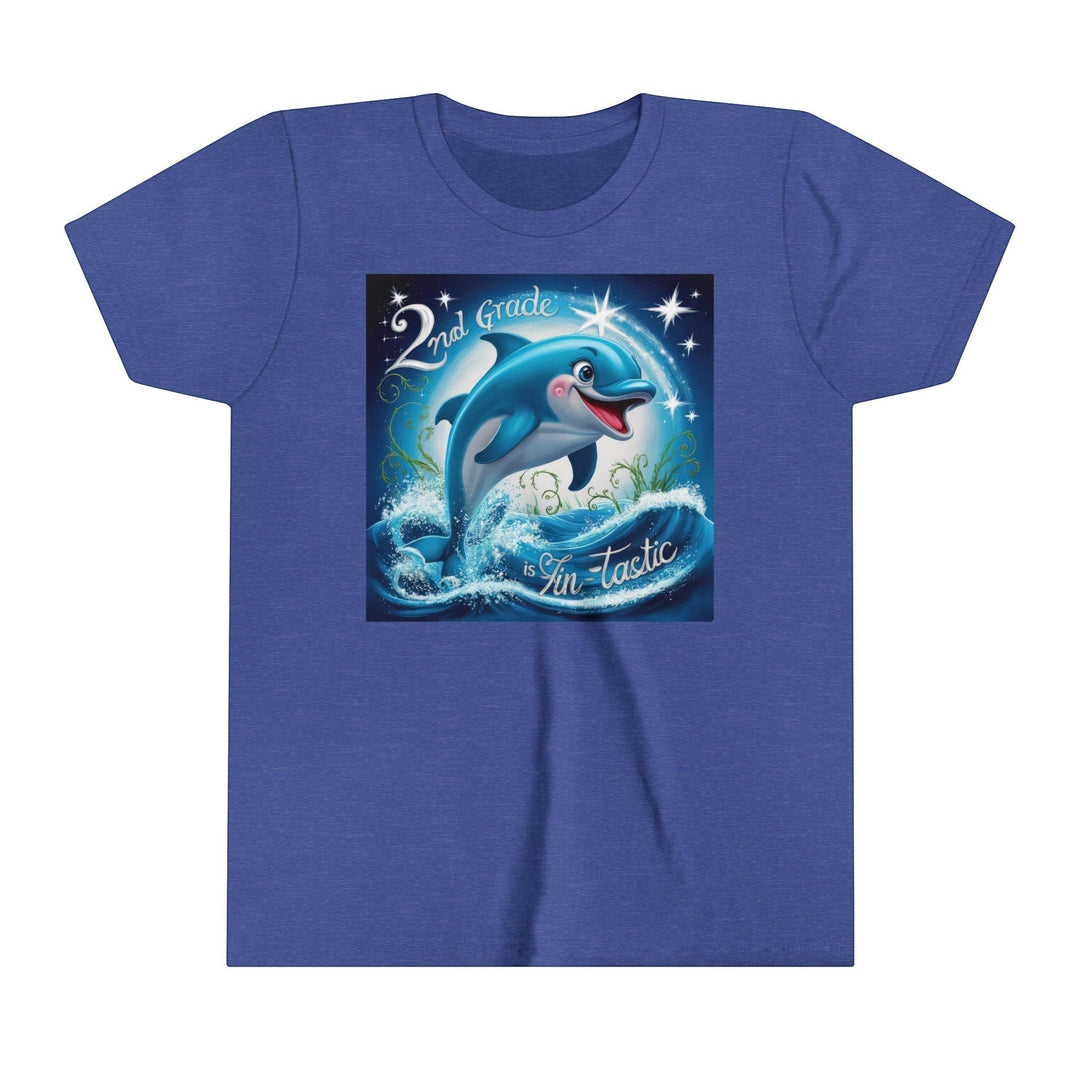 Sea Dragon Dreams blue youth short sleeve tee featuring a playful dolphin jumping out of ocean waves with 2nd Grade FinTastic text.