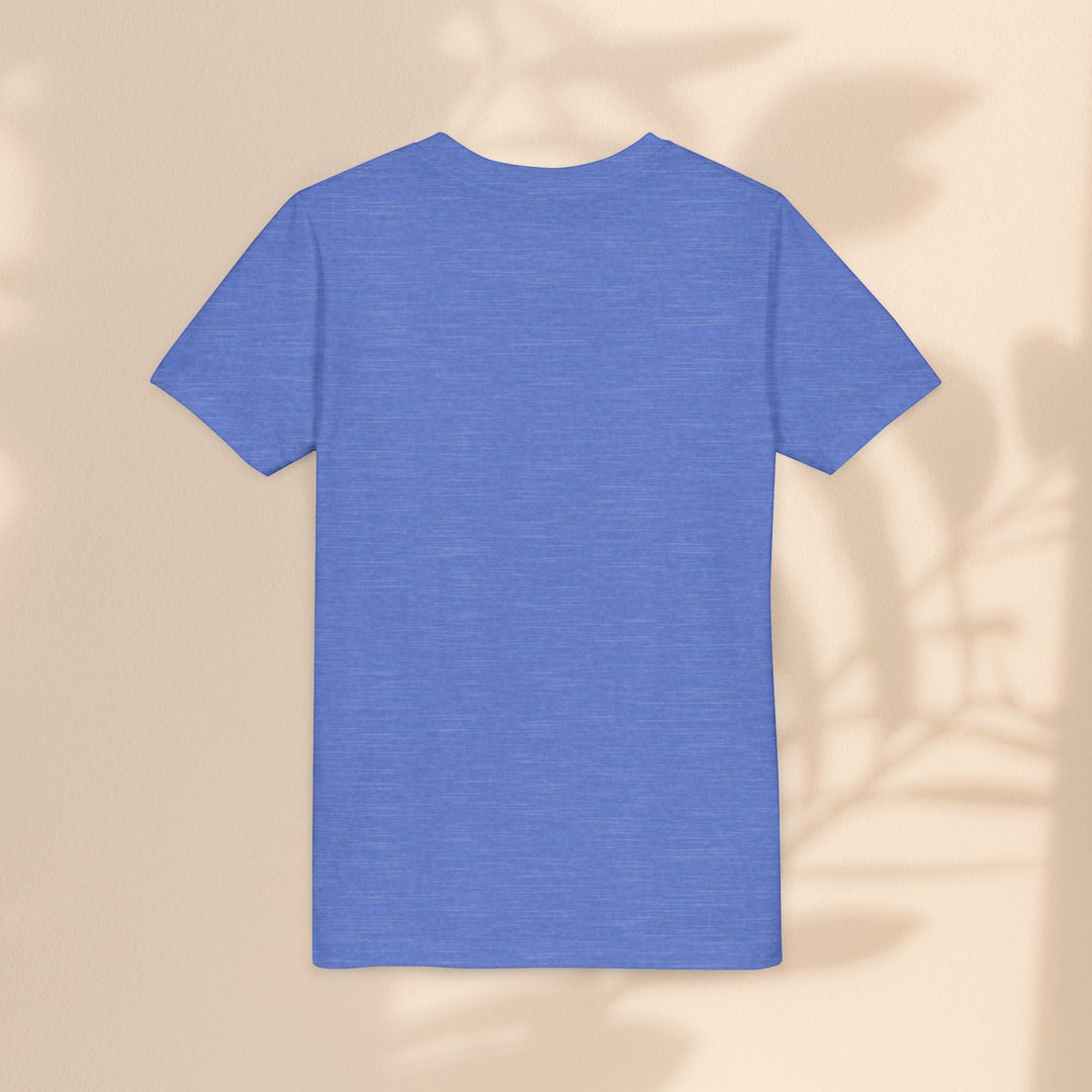 Sea Dragon Dreams youth t-shirt in heather blue, back view, soft cotton blend fabric, plain design.